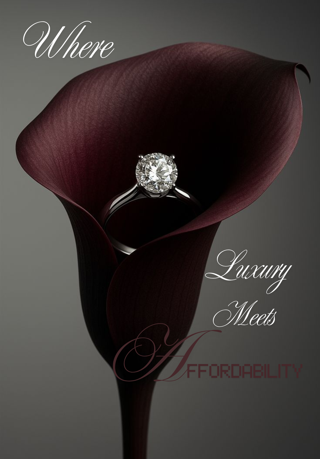 Luxury diamond ring placed in a dark calla lily flower symbolizing elegance where luxury meets affordability in premium jewellery.