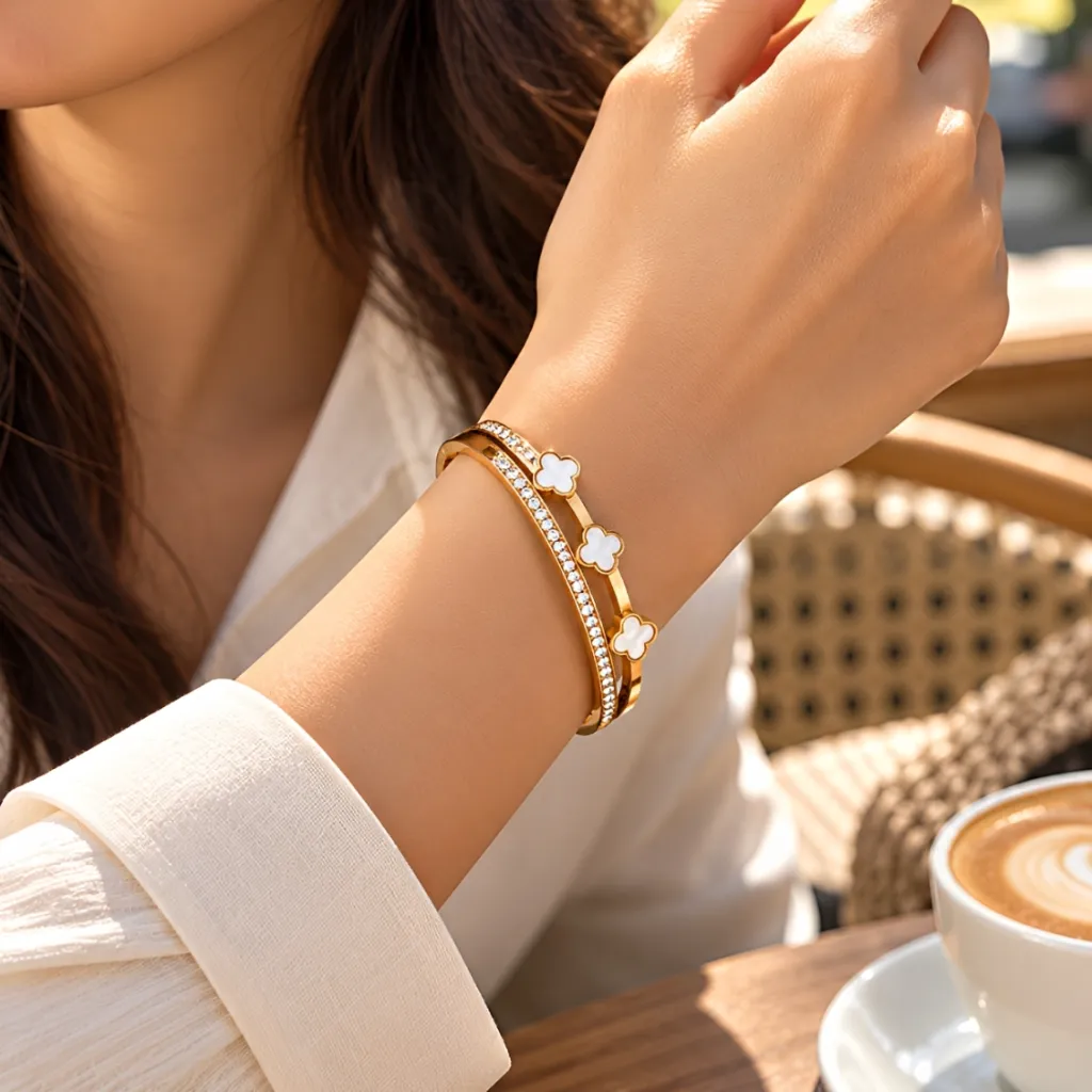 Gold Quatrefoil Bracelet in Sunlit Café.webp