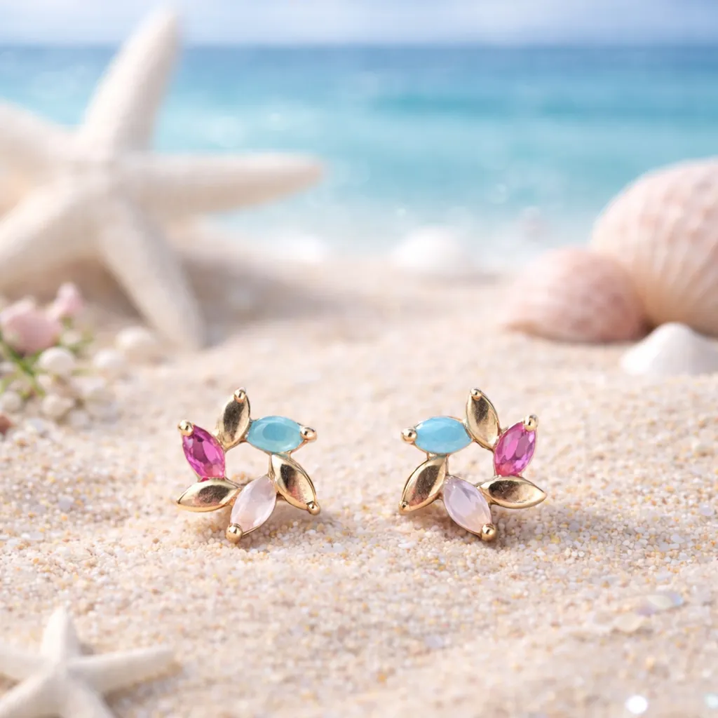 Colorful Floral Stone Gold Stud Earrings