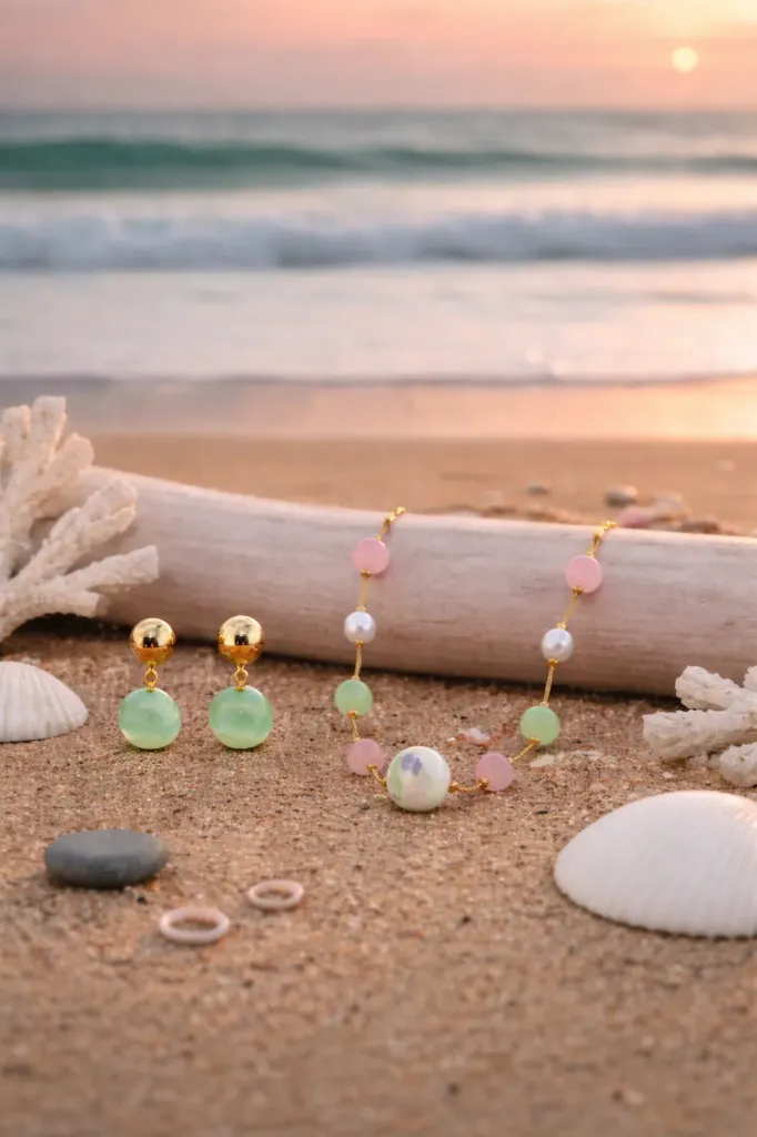 [DC 064] Pastel Beaded Gold Chain Necklace with Earrings Set