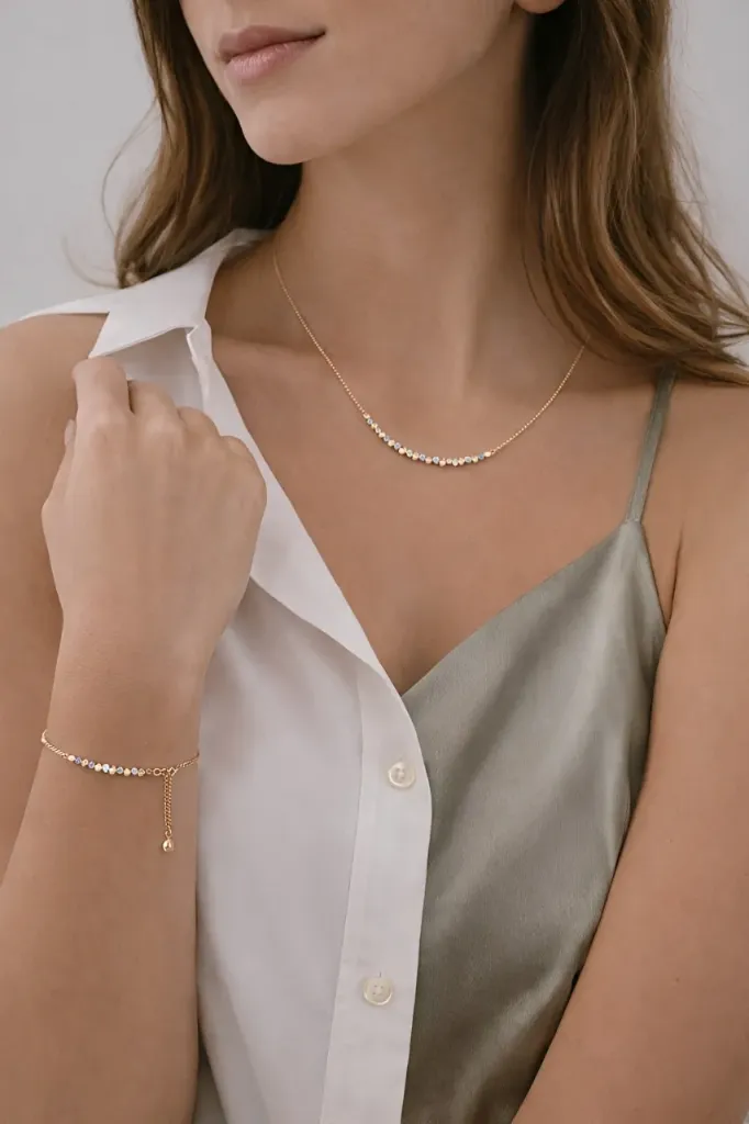 [DC 067] Tri-Tone Beaded Gold Necklace & Bracelet Set