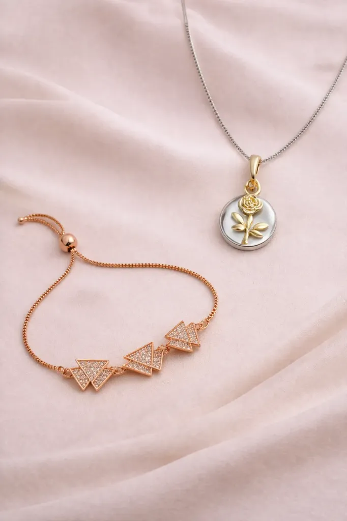 Pendant Necklace with Crystal Triangle Bracelet Set