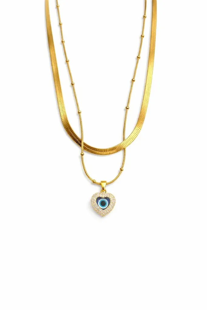 Gold Layered Necklace Set with Evil Eye Heart Pendant