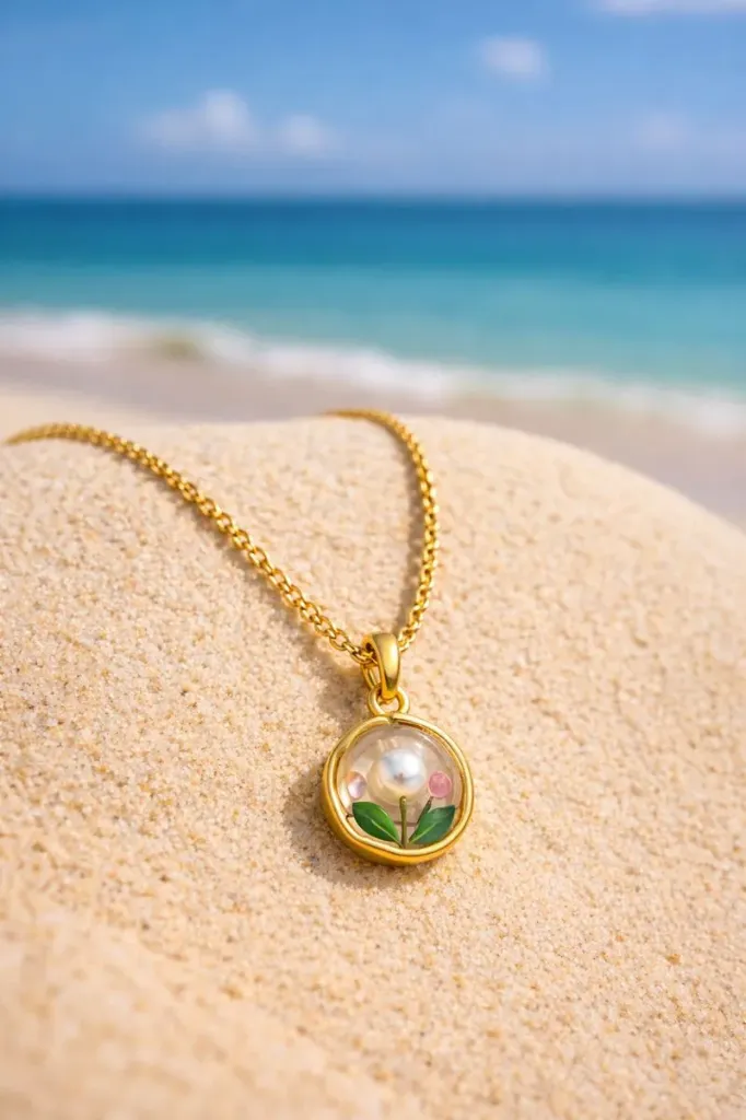 [KZ 027] Gold Chain Necklace with Pearl and Green Leaf Pendant