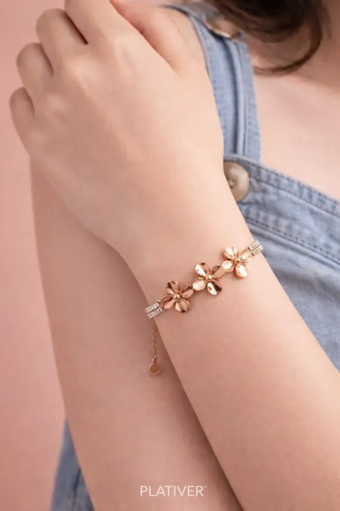 Gold Flower Bracelet with Crystal Chain