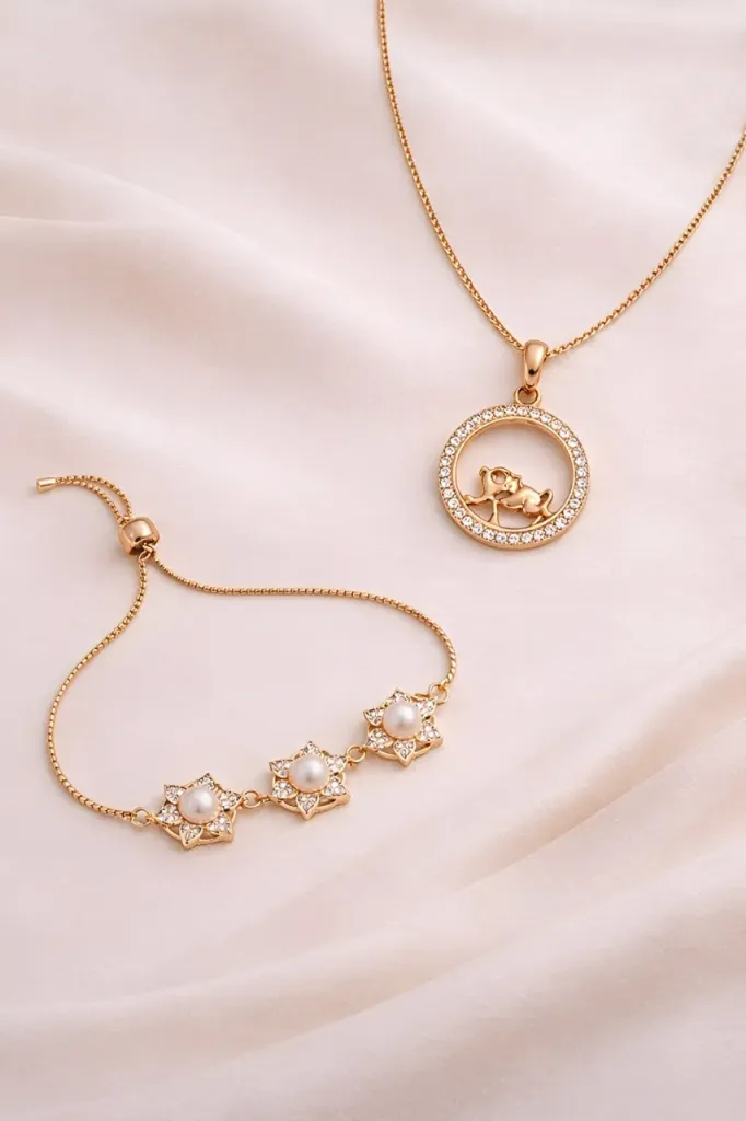 Pendant Necklace with Pearl Charm Bracelet Set